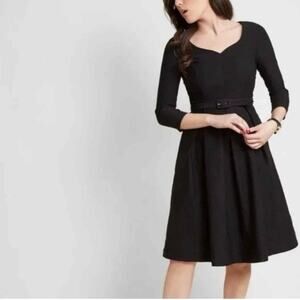 ModCloth Black Fit & Flare Dress Size Medium V Neck 3/4 Sleeve No Belt